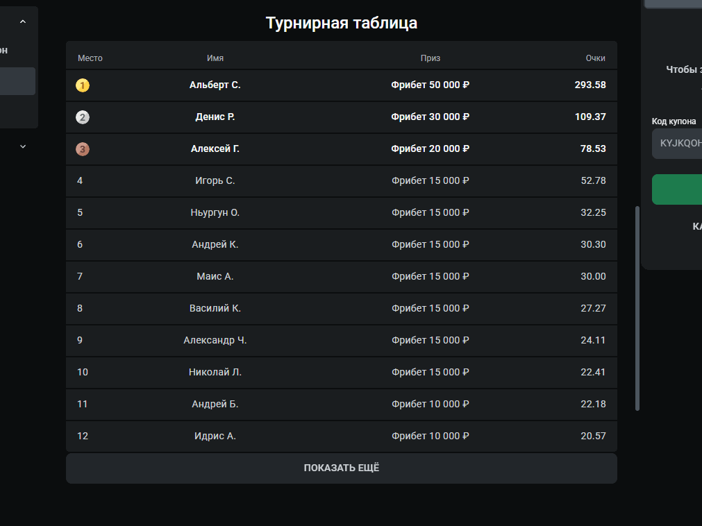 Таблица лидеров Страница рейтинга
