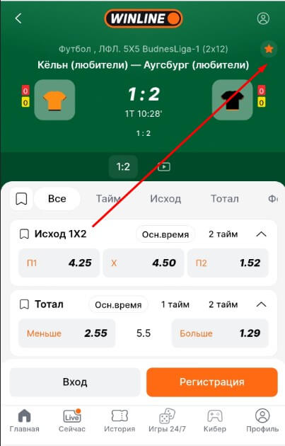 Live раздел приложения Винлайн