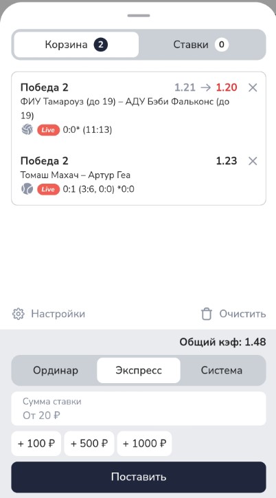 ставки в приложении зенит